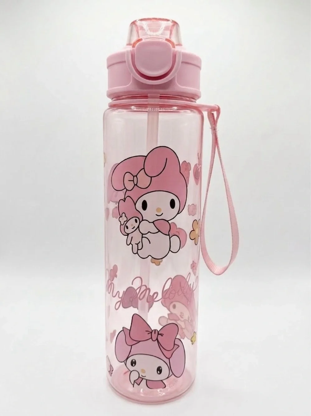 My Melody Pink Clear Kids Water Bottle with Straw and Strap
